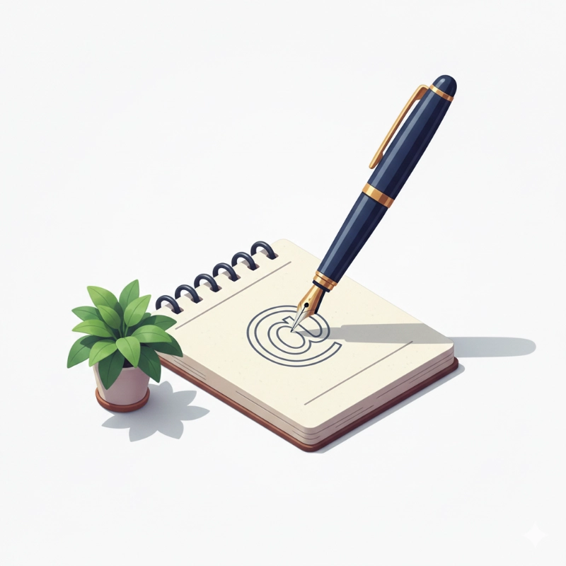 Cuaderno y pluma dibujando el monograma de una marca