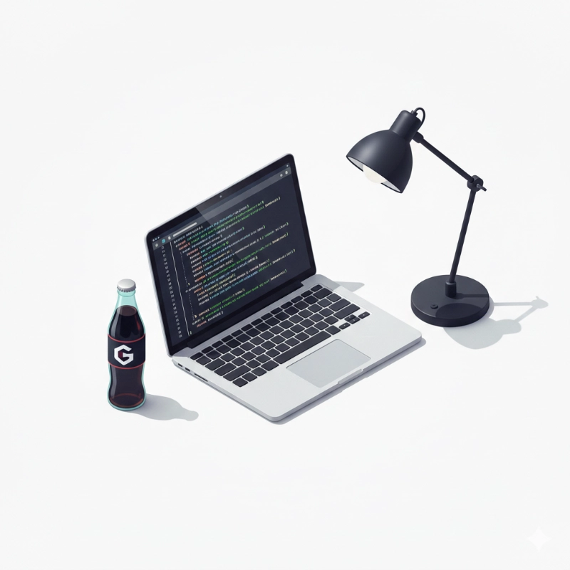 Laptop con código, lámpara de escritorio y una botella junto al teclado
