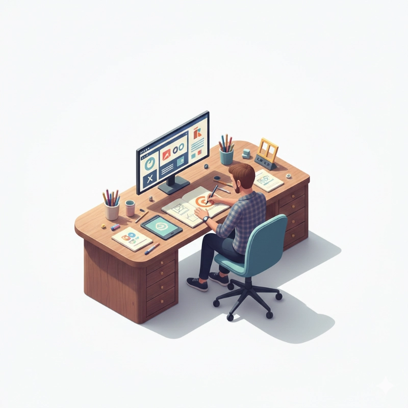 Diseñador trabajando una interfaz y un boceto sobre el escritorio