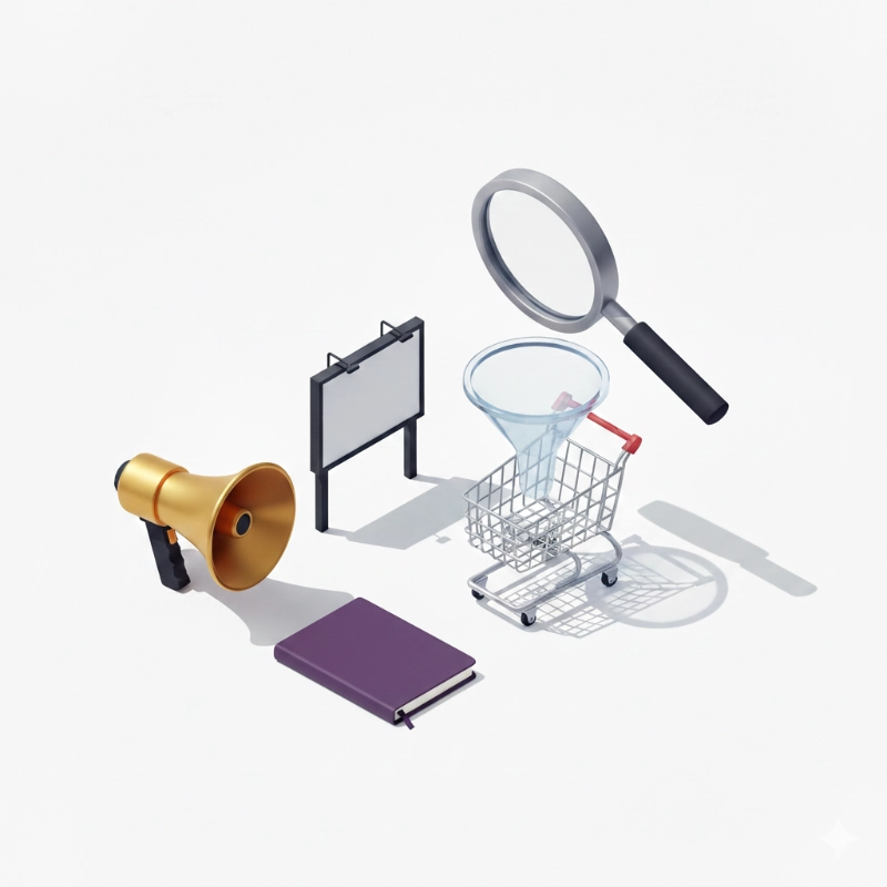 Megáfono, embudo, carrito y lupa: piezas de una estrategia de marketing