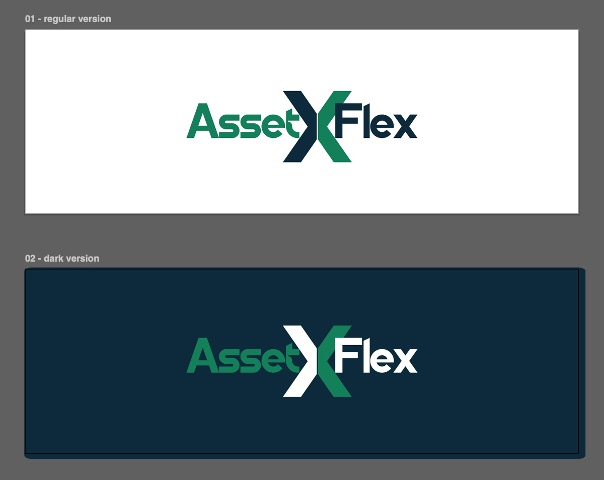 Logotipo de AssetxFlex en versión regular sobre blanco y en versión para fondo oscuro
