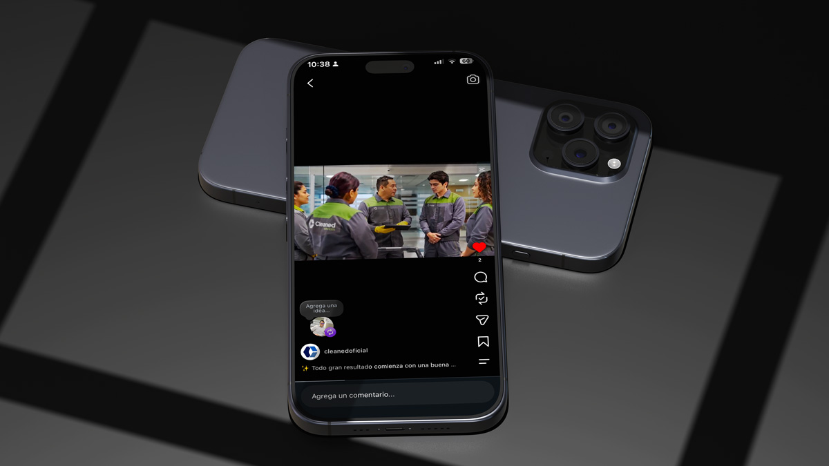 Teléfono con el perfil de Instagram de cleanedoficial, un reel de limpieza de oficinas y una pieza de alianza con Inppares