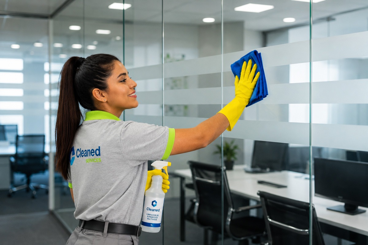 Colaboradora de Cleaned Services limpiando un vidrio, con el logo en el polo