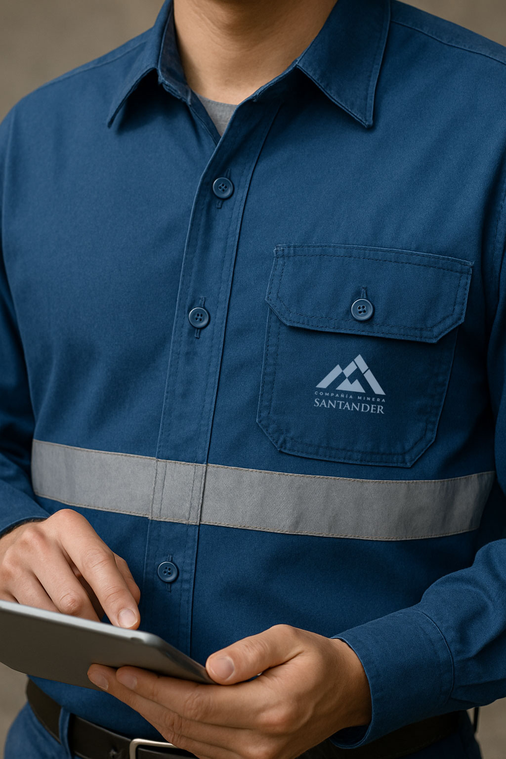 Primer plano de la camisa de trabajo azul con el logo de Compañía Minera Santander en el bolsillo